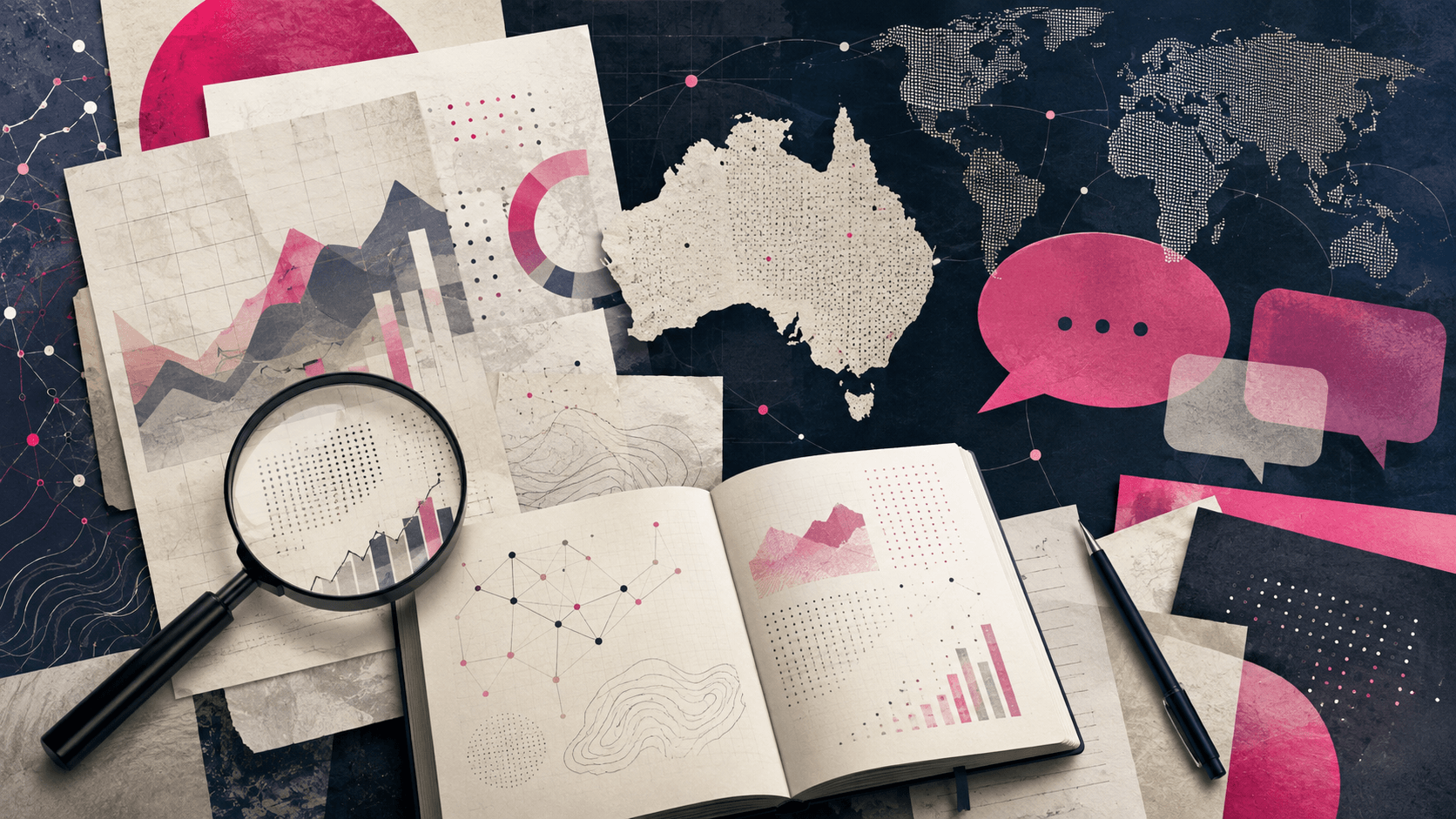 Editorial illustration representing evidence-led analysis, research and public debate at TheWokely