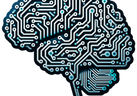 Brain-shaped illustration made from white and turquoise electronic circuits.