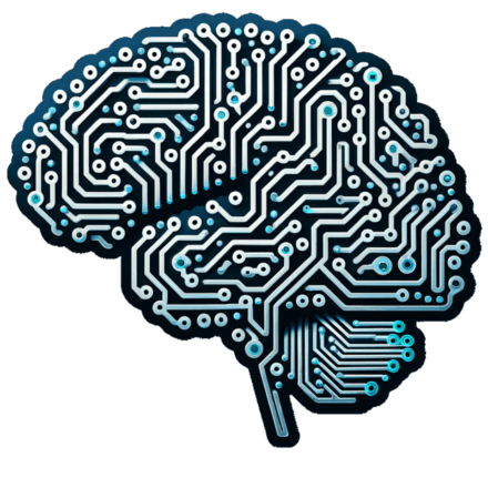 Brain-shaped illustration made from white and turquoise electronic circuits.