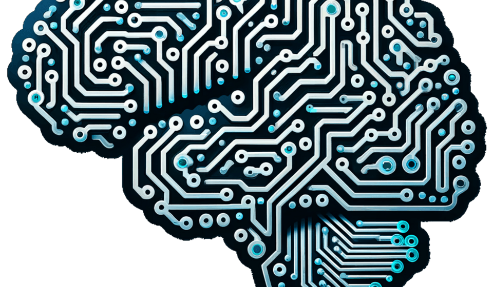 Brain-shaped illustration made from white and turquoise electronic circuits.