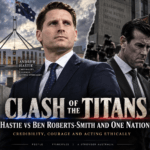 AI-generated “Clash of the Titans” illustration showing Andrew Hastie outside Parliament House, alongside Ben Roberts-Smith and Pauline Hanson.