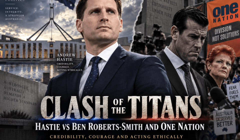 AI-generated “Clash of the Titans” illustration showing Andrew Hastie outside Parliament House, alongside Ben Roberts-Smith and Pauline Hanson.