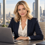 AI-generated woman in a navy blazer seated at an office desk beside a laptop.